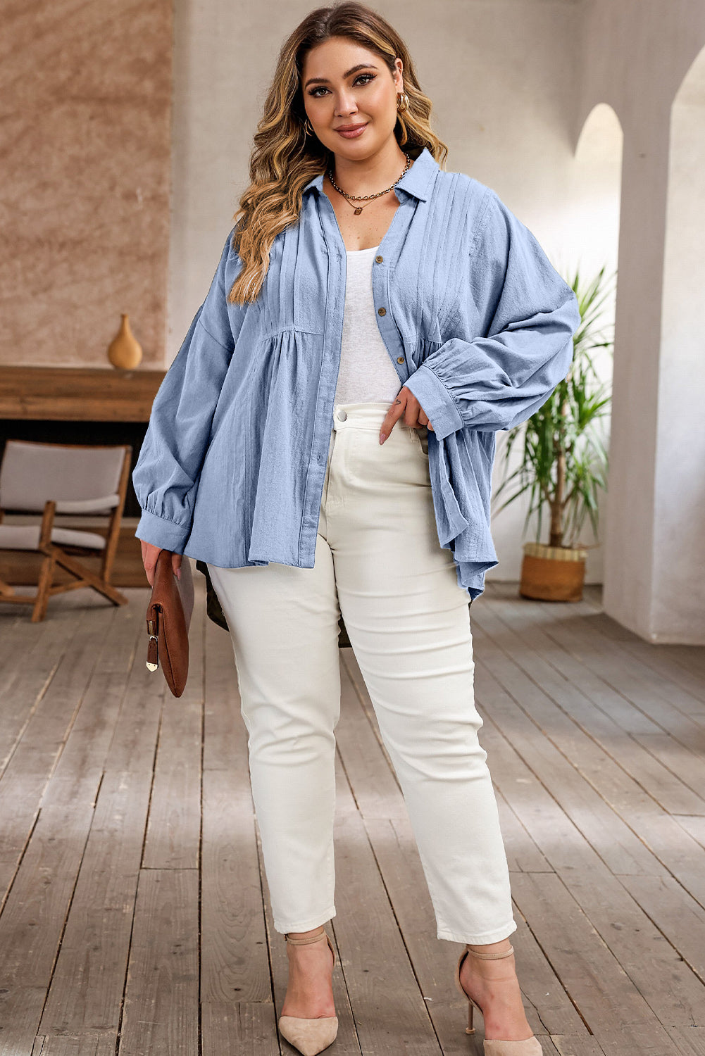 Plus Size High-Low Button Up Dropped Shoulder Shirt - The Boutie Shop