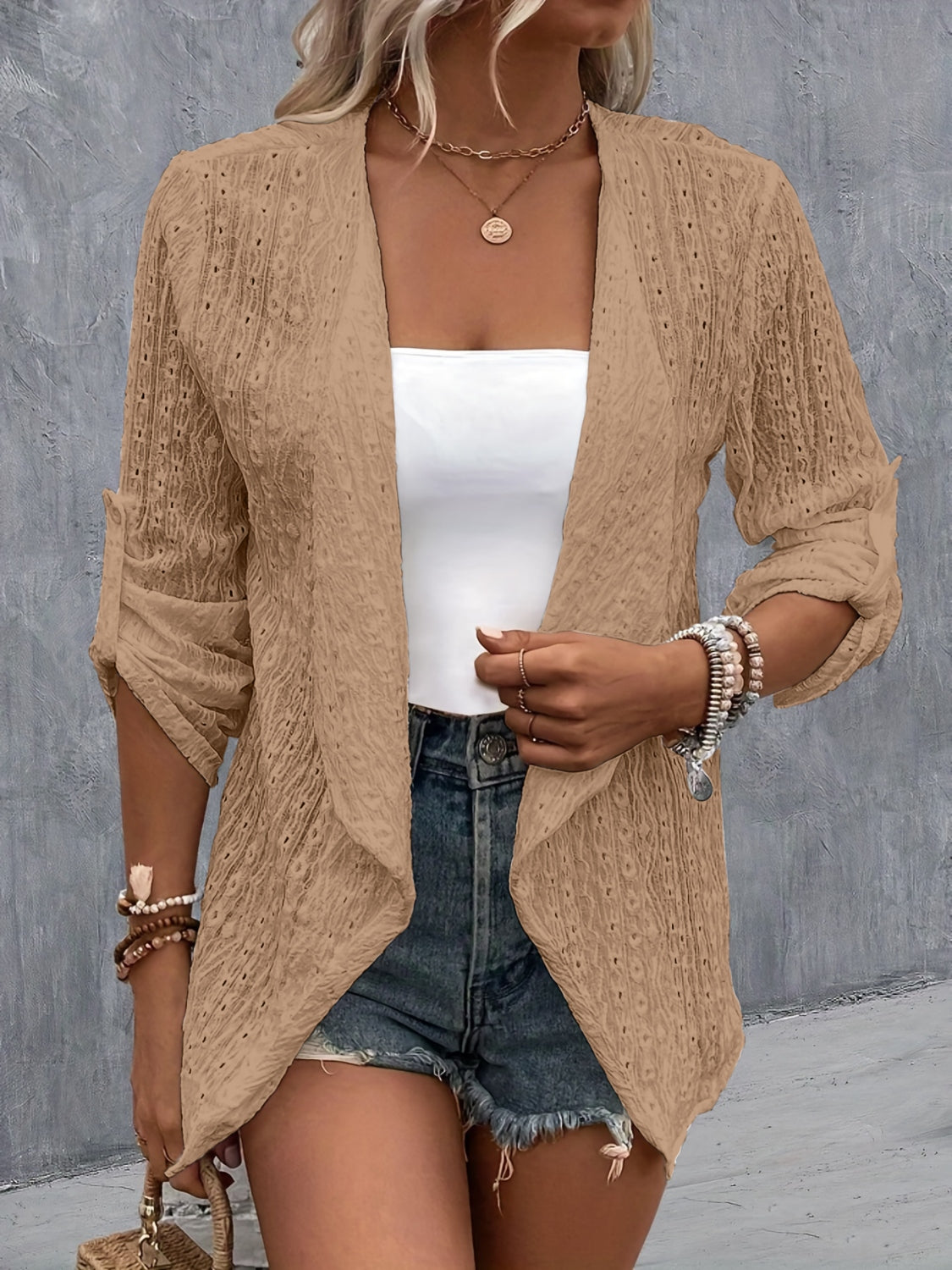 Eyelet Roll-Tab Sleeve Cardigan - The Boutie Shop