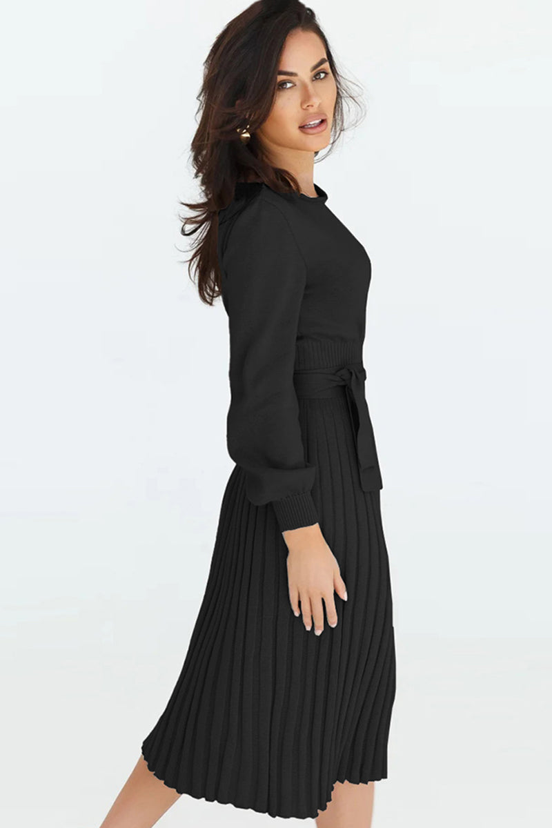 Round Neck Long Sleeve Pleated Sweater Dress - The Boutie Shop