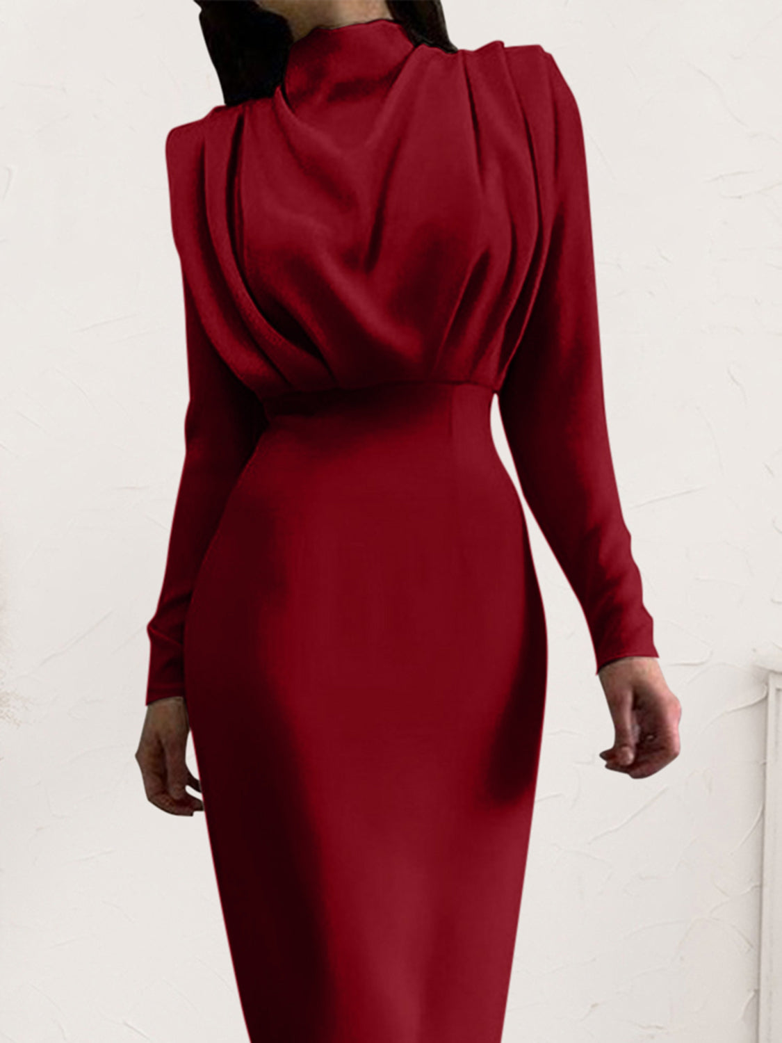 Ruched Turtleneck Long Sleeve Dress - The Boutie Shop