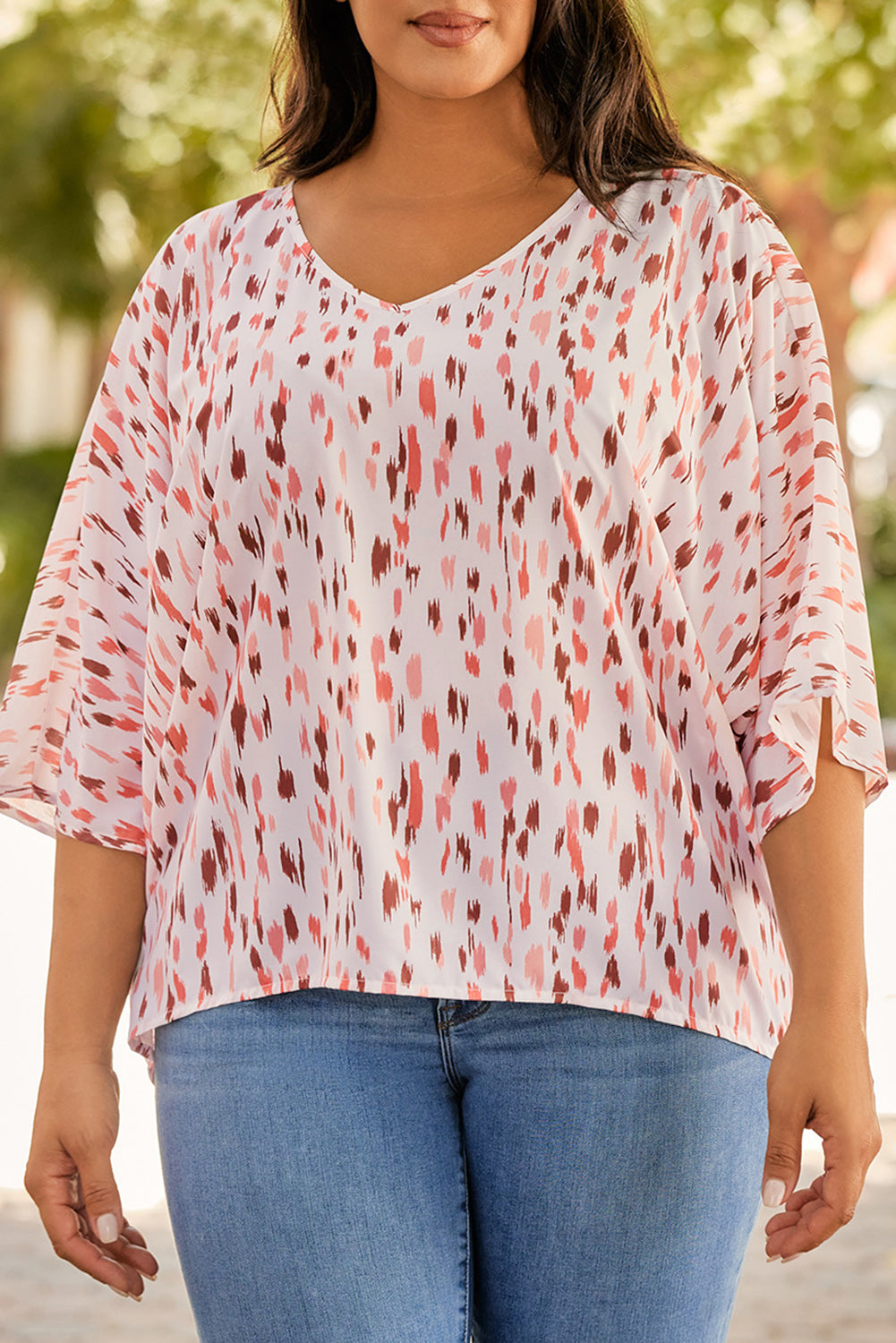 Plus Size Printed V-Neck Blouse - The Boutie Shop