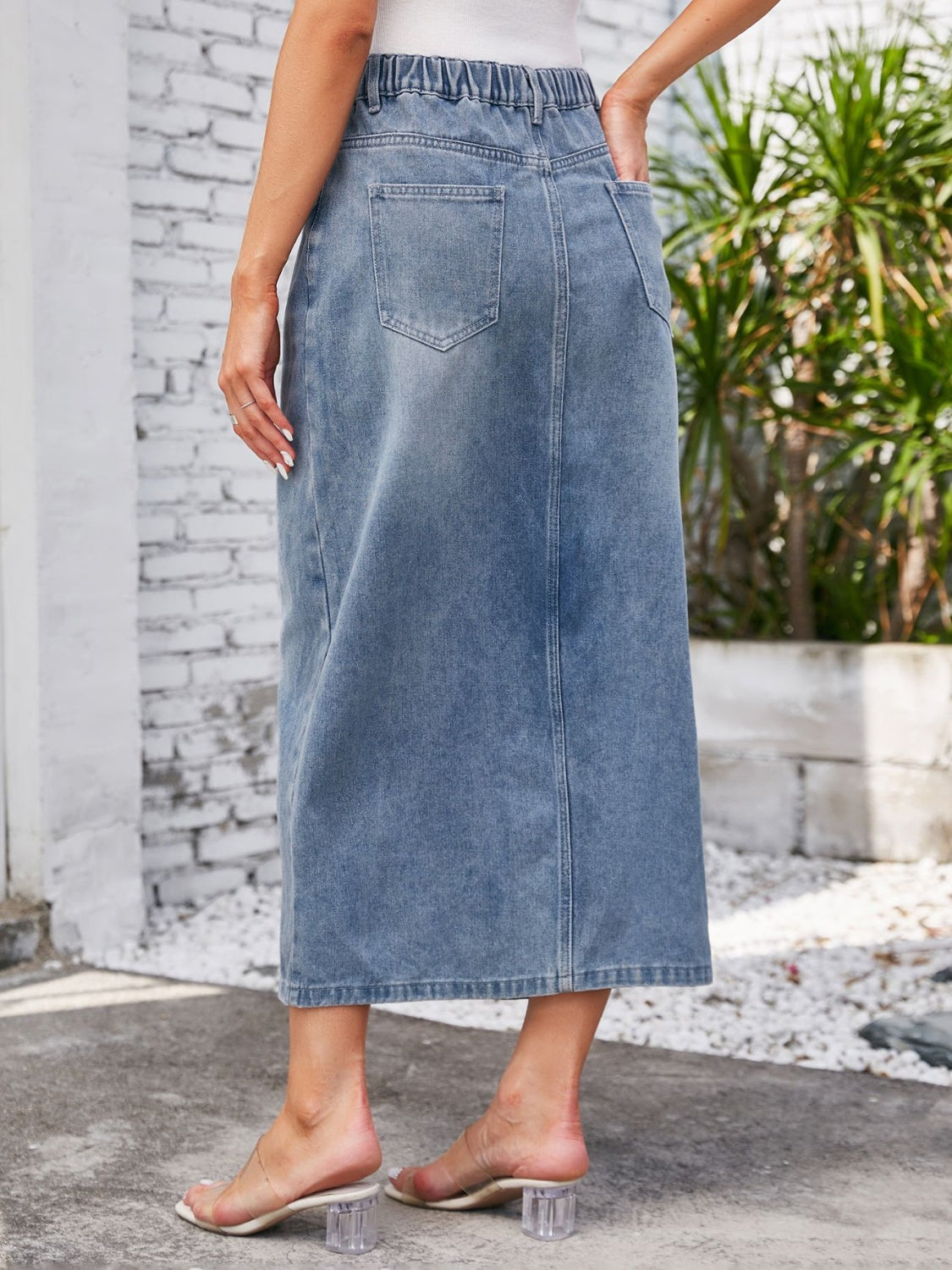 Slit Midi Denim Skirt with Pockets - The Boutie Shop