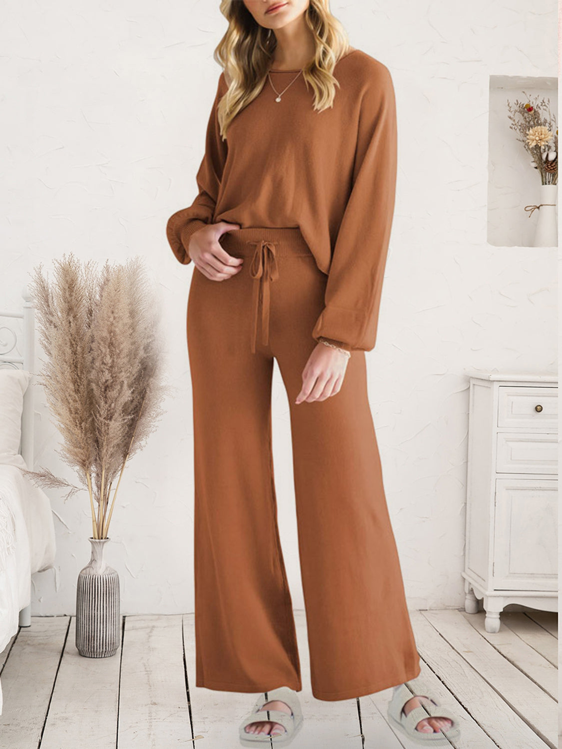 Long Sleeve Lounge Top and Drawstring Pants Set - The Boutie Shop