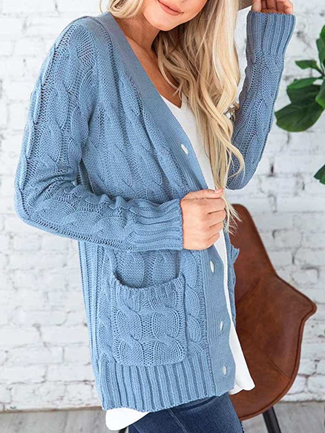 Cable-Knit Buttoned Cardigan with Pockets - The Boutie Shop