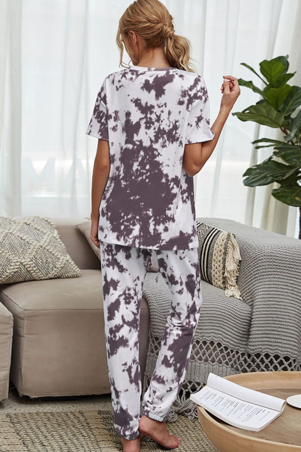 Shiny Tie-Dye Tee and Drawstring Waist Joggers Lounge Set - The Boutie Shop