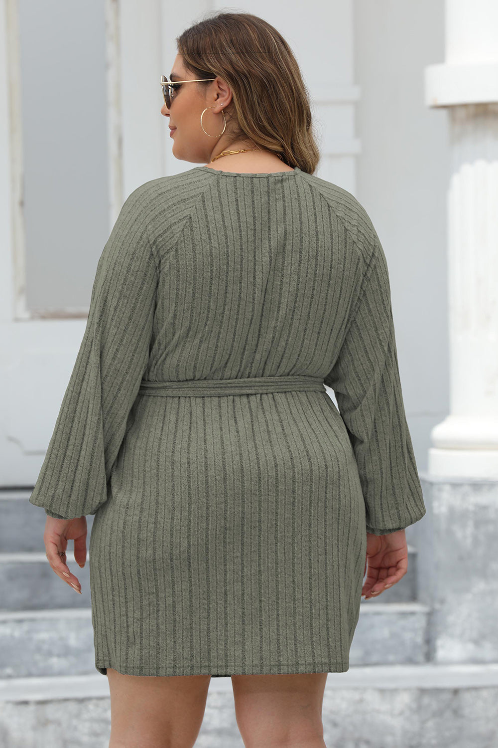 Plus Size Ribbed Tie Front Long Sleeve Sweater Dress - The Boutie Shop