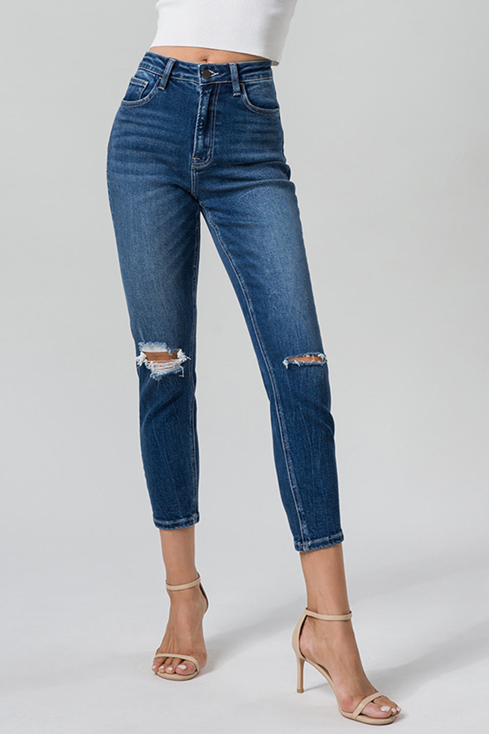 BAYEAS Full Size High Waist Distressed Washed Cropped Mom Jeans - The Boutie Shop