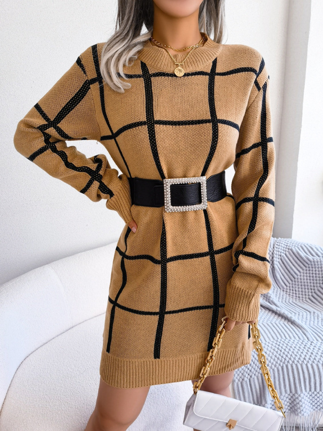 Plaid Round Neck Dropped Shoulder Sweater Dress - The Boutie Shop