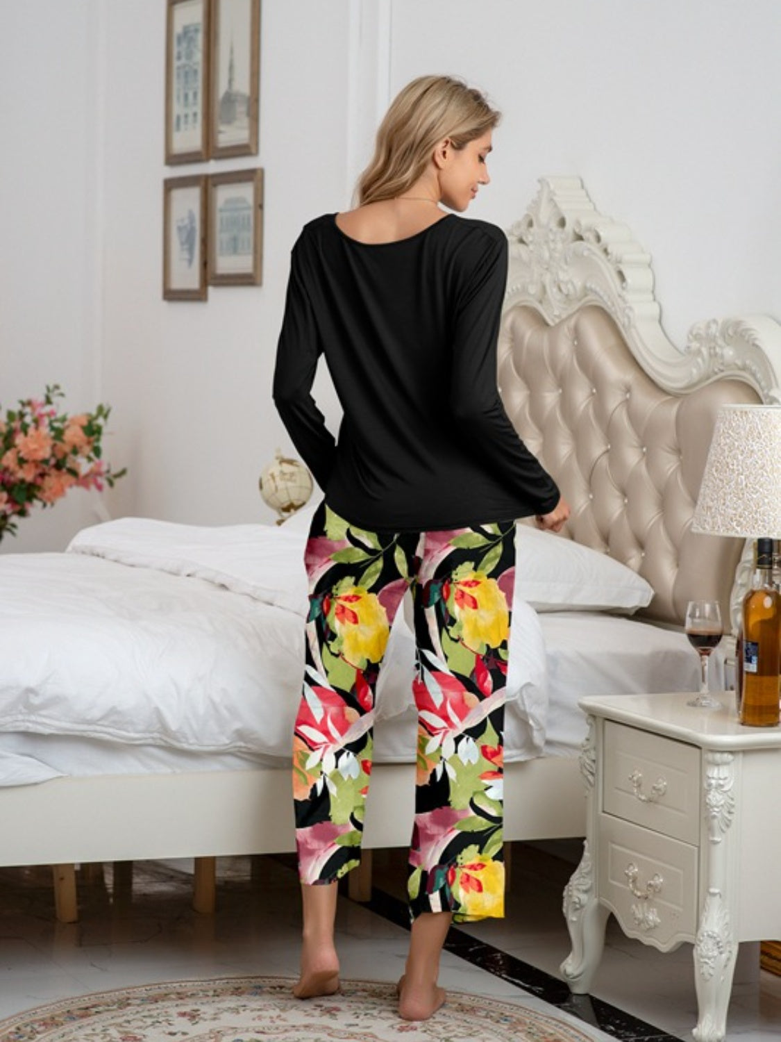 Round Neck Top and Printed Pants Lounge Set - The Boutie Shop