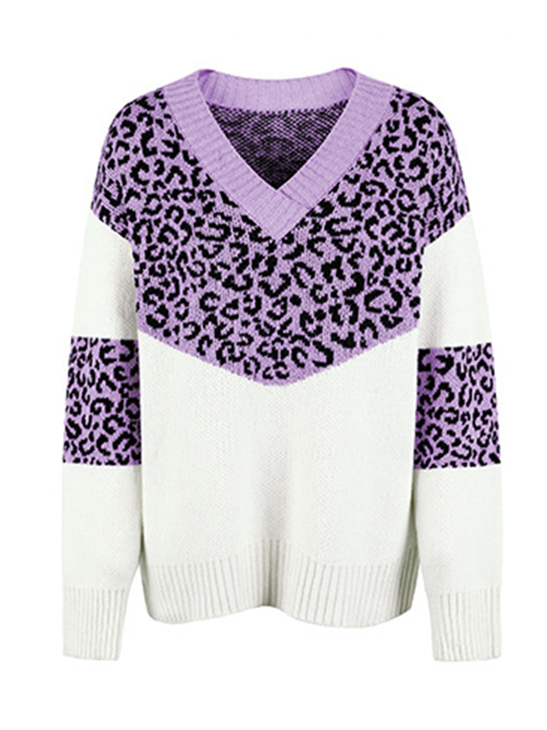 Leopard V-Neck Dropped Shoulder Sweater - The Boutie Shop