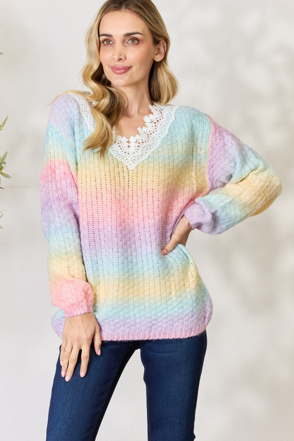 BiBi Rainbow Gradient Crochet Deetail Sweater - The Boutie Shop