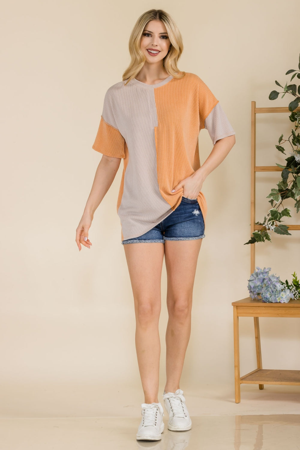 Celeste Full Size Ribbed Color Block Short Sleeve T-Shirt - The Boutie Shop