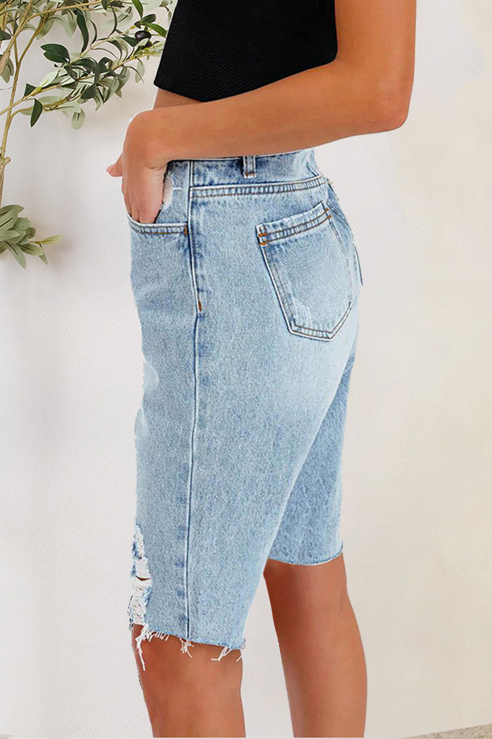 Distressed Pocketed Denim Shorts - The Boutie Shop