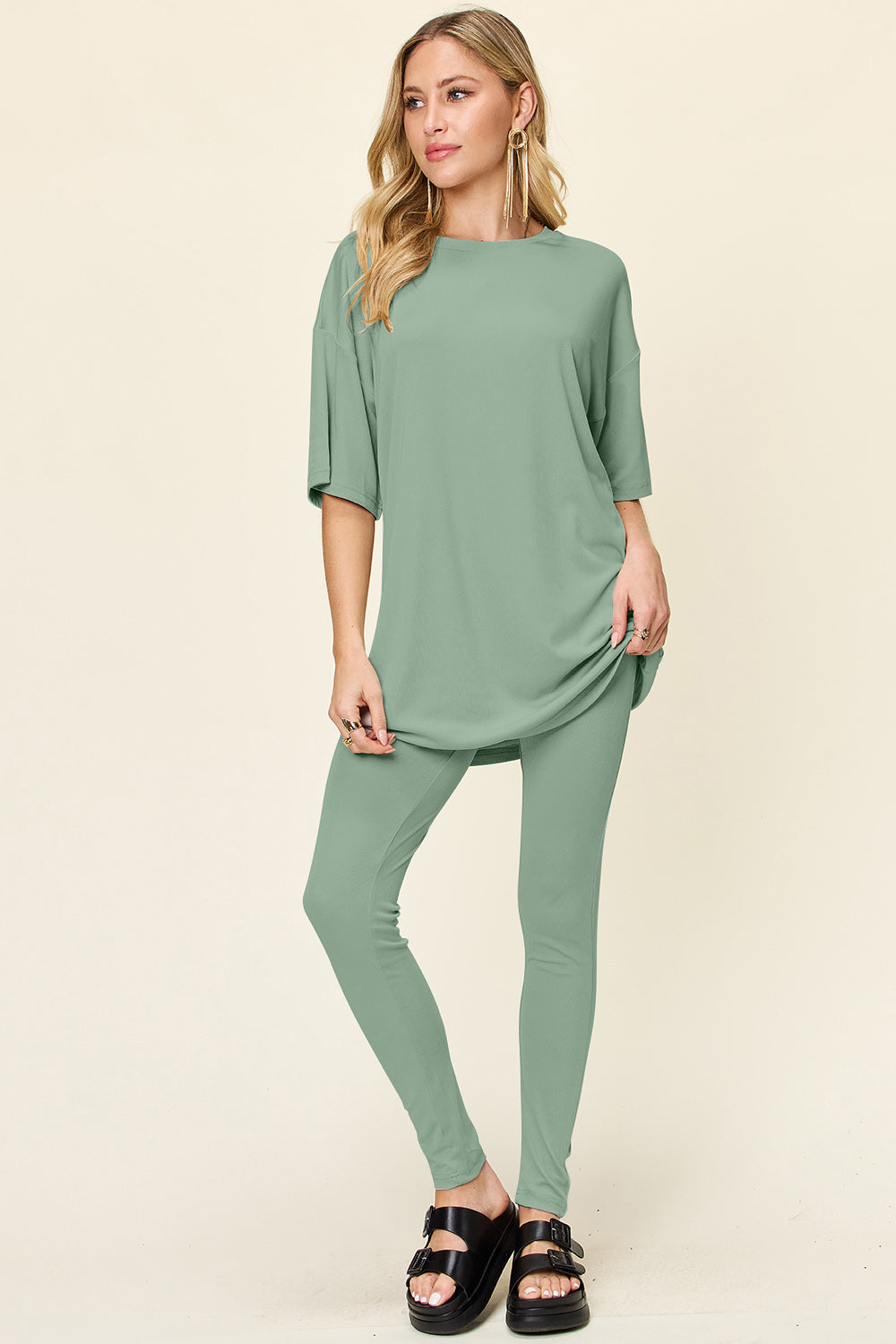 Double Take Full Size Round Neck Dropped Shoulder T-Shirt and Leggings Set - The Boutie Shop