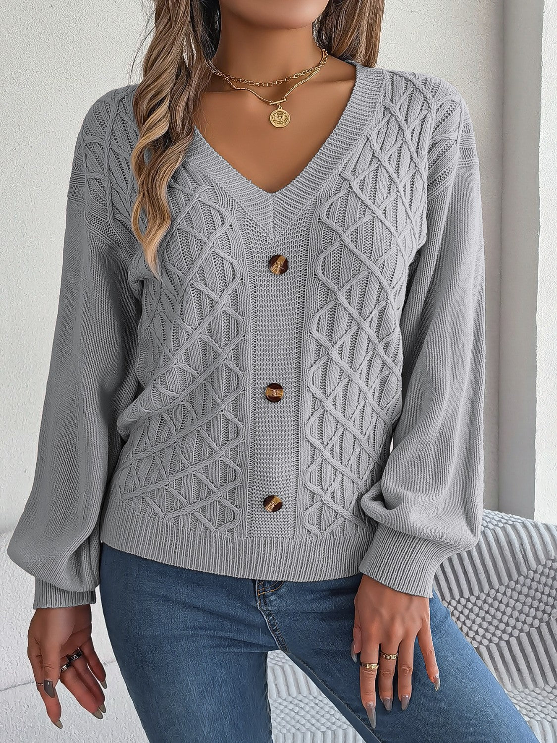 Cable-Knit V-Neck Lantern Sleeve Sweater - The Boutie Shop