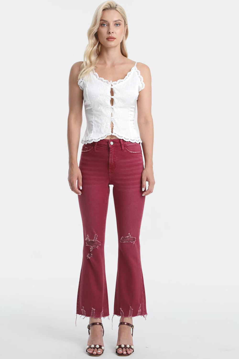 BAYEAS Full Size High Waist Distressed Raw Hem Flare Jeans - The Boutie Shop