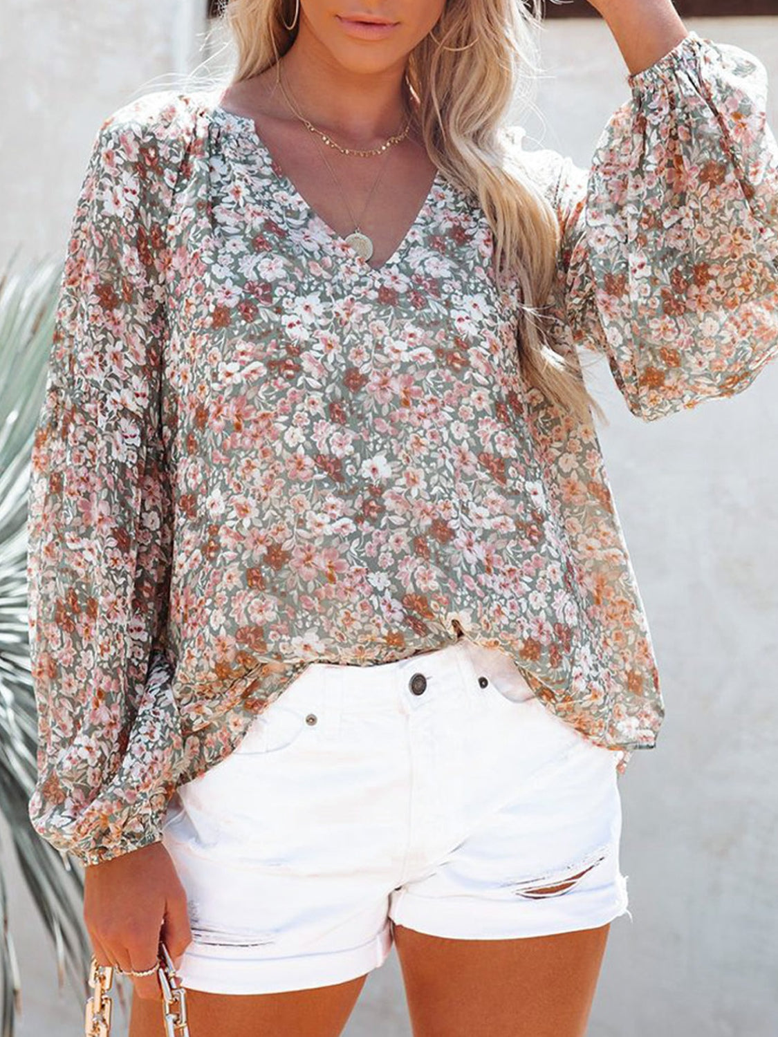 Floral Notched Balloon Sleeve Blouse - The Boutie Shop