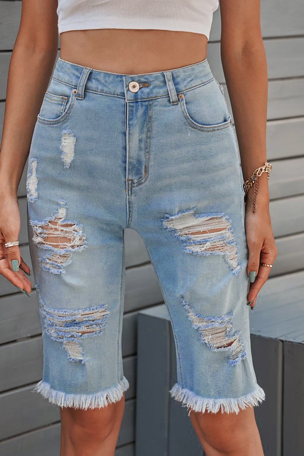 Distressed Raw Hem Denim Bermuda Shorts - The Boutie Shop