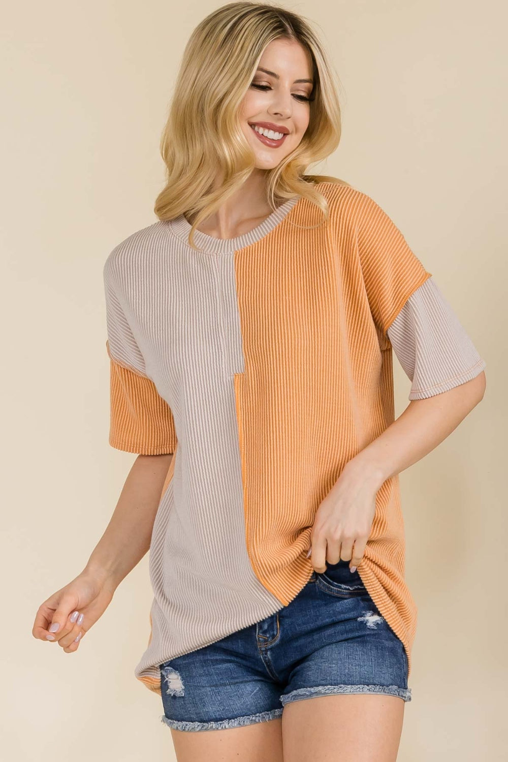 Celeste Full Size Ribbed Color Block Short Sleeve T-Shirt - The Boutie Shop