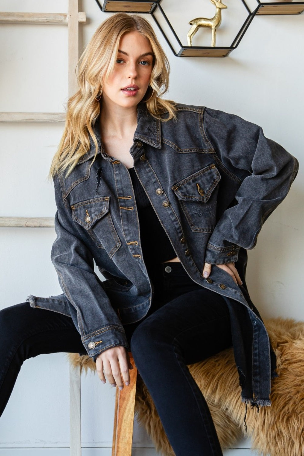 Veveret Button Up Distressed Frayed Hem Denim Jacket - The Boutie Shop