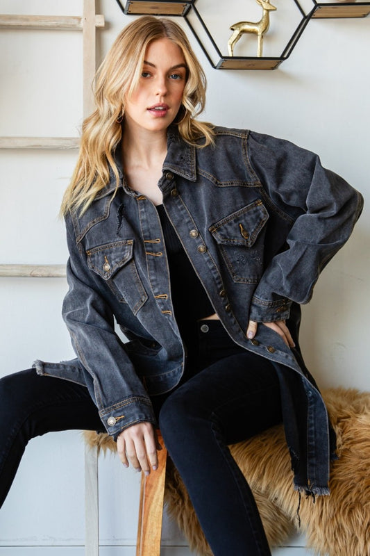 Veveret Button Up Distressed Frayed Hem Denim Jacket - The Boutie Shop