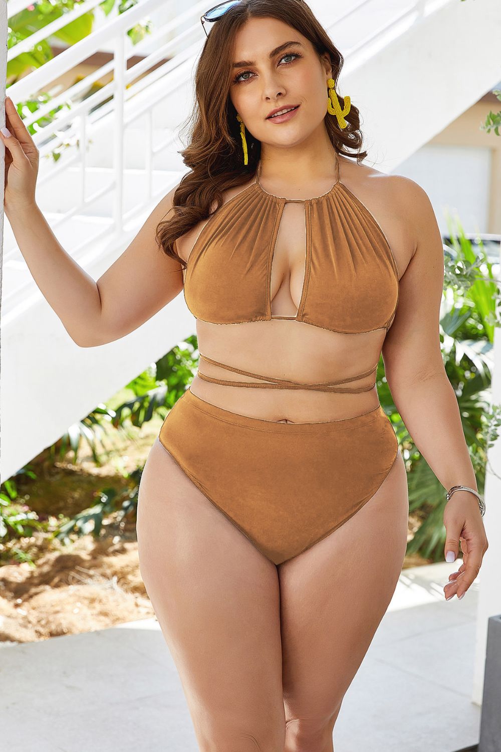 Plus Size Cutout Tied Backless Bikini Set - The Boutie Shop