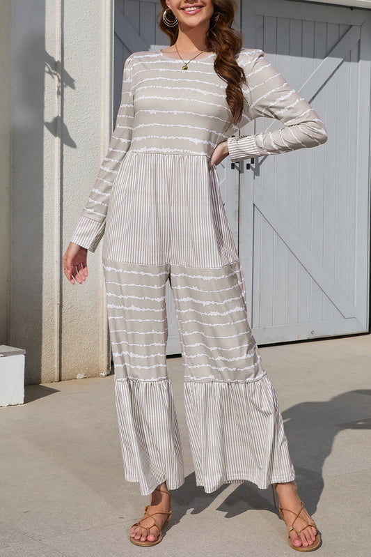 Striped Round Neck Long Sleeve Jumpsuit - The Boutie Shop