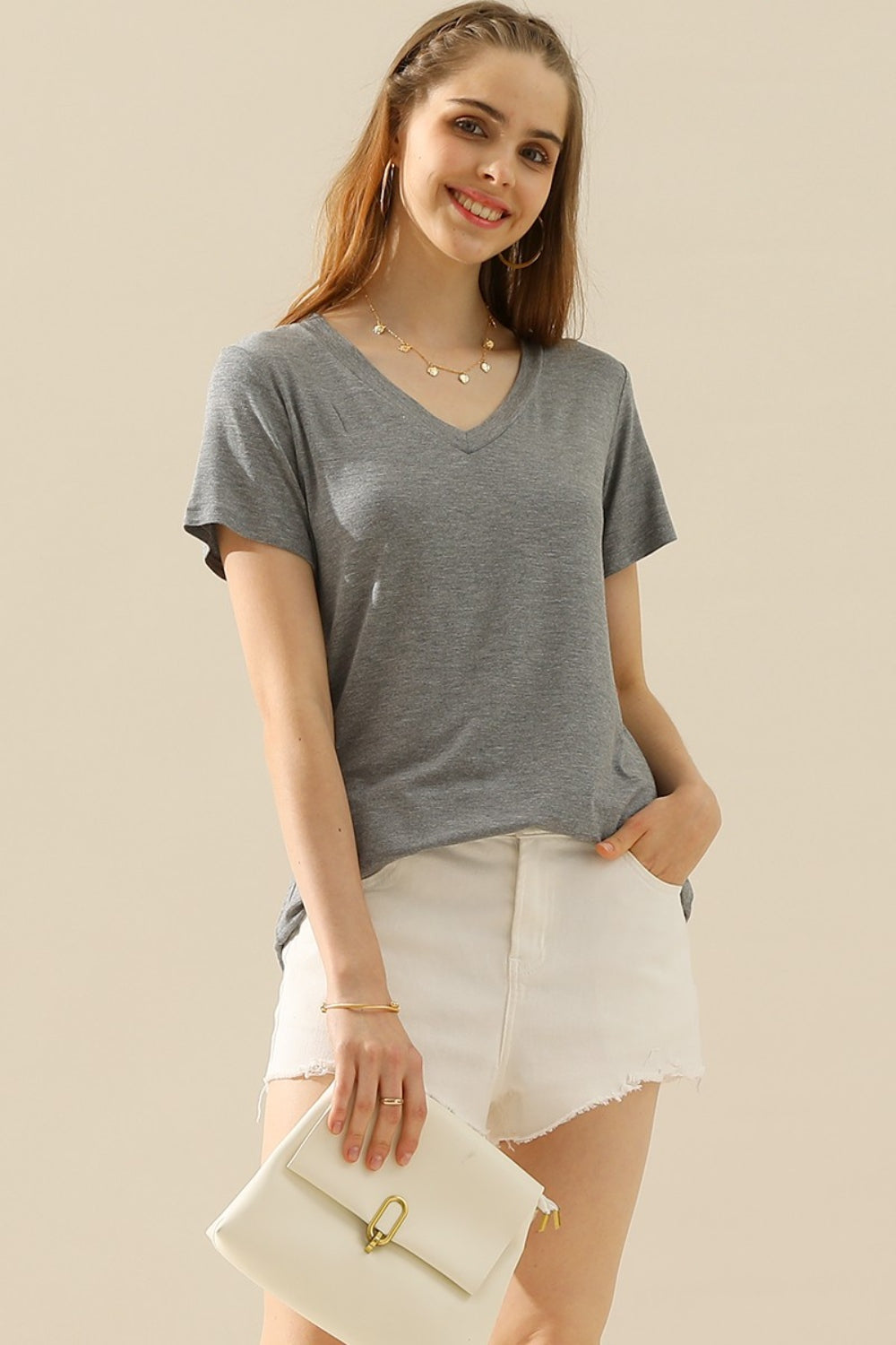 Ninexis Full Size V-Neck Short Sleeve T-Shirt - The Boutie Shop