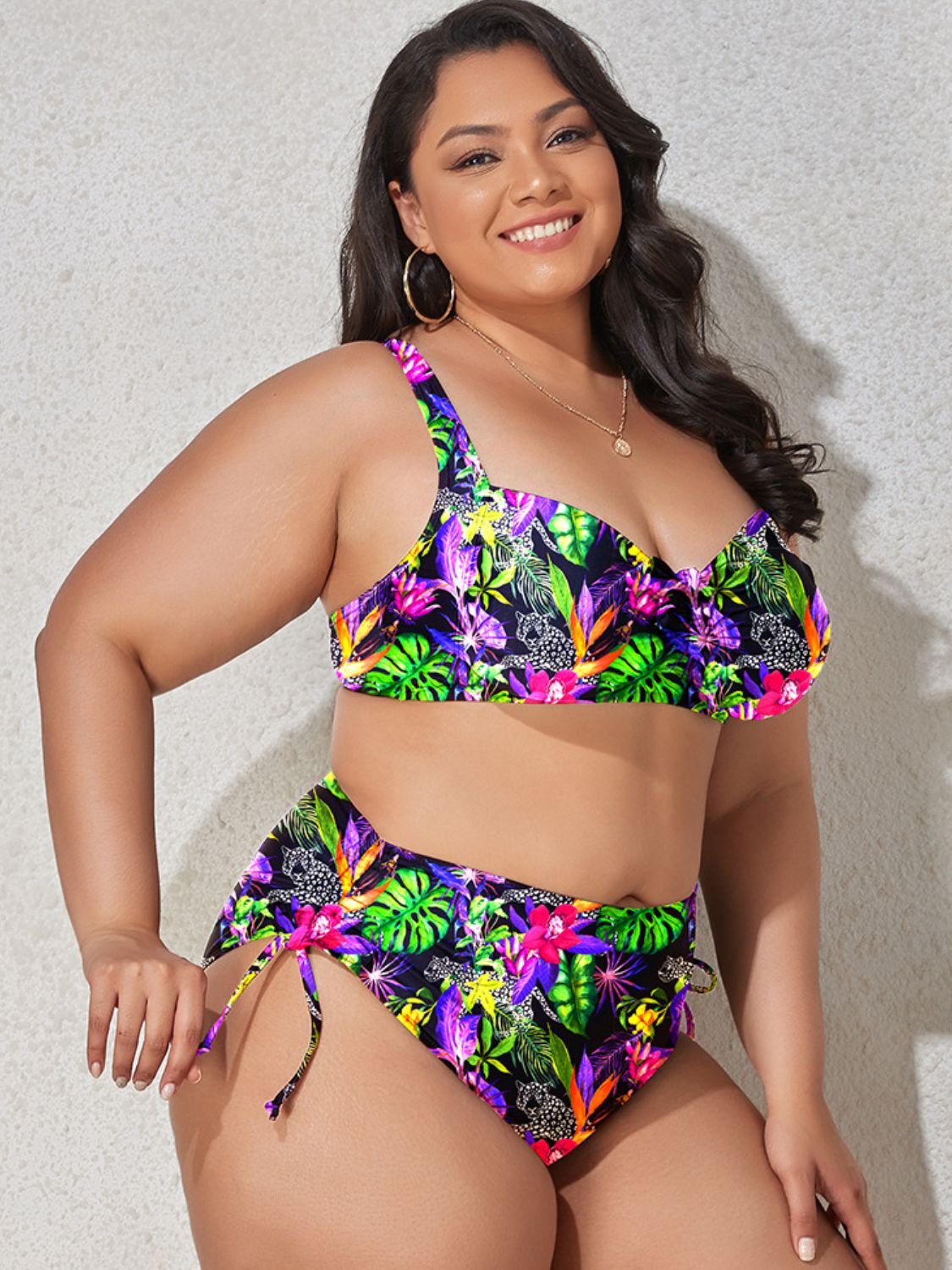 Plus Size Printed Drawstring Detail Bikini Set - The Boutie Shop