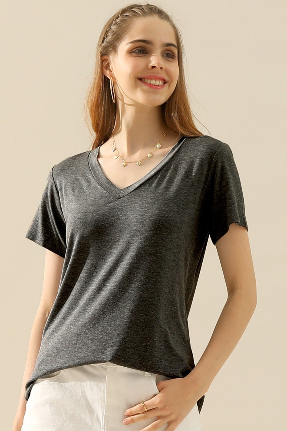 Ninexis Full Size V-Neck Short Sleeve T-Shirt - The Boutie Shop