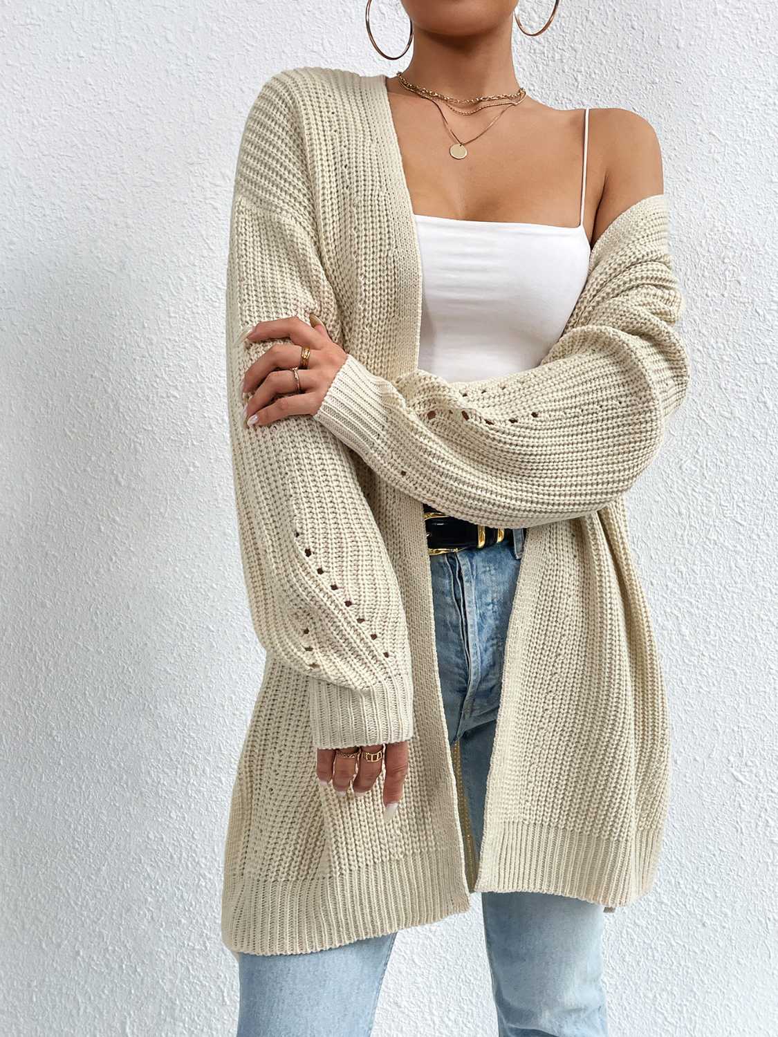 Open Front Dropped Shoulder Slit Cardigan - The Boutie Shop