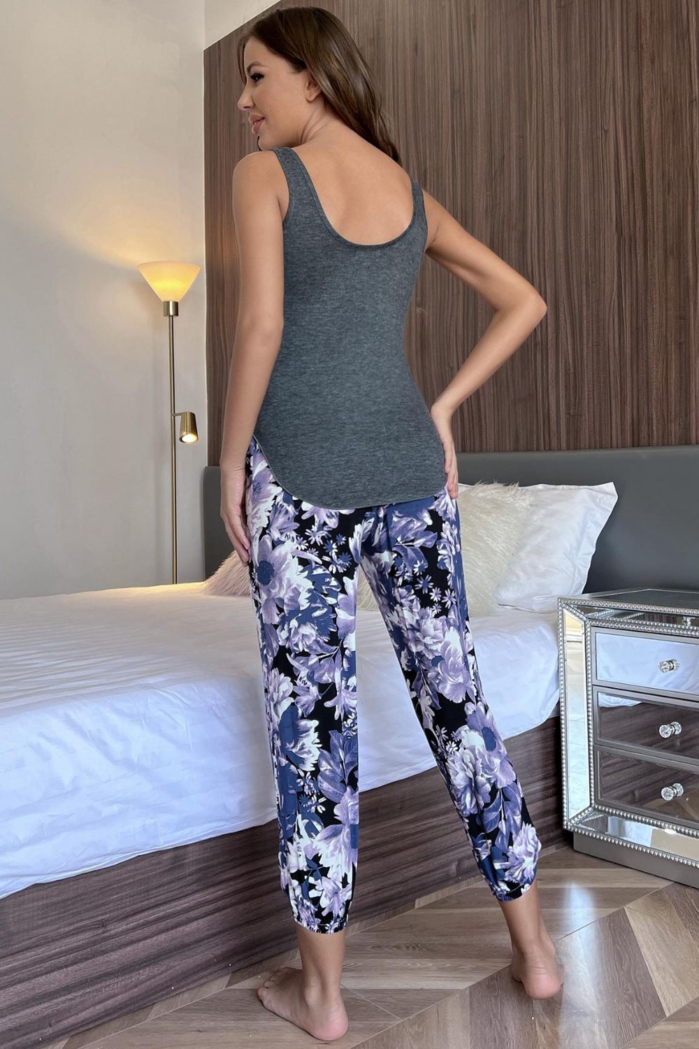 Scoop Neck Tank and Floral Cropped Pants Lounge Set - The Boutie Shop