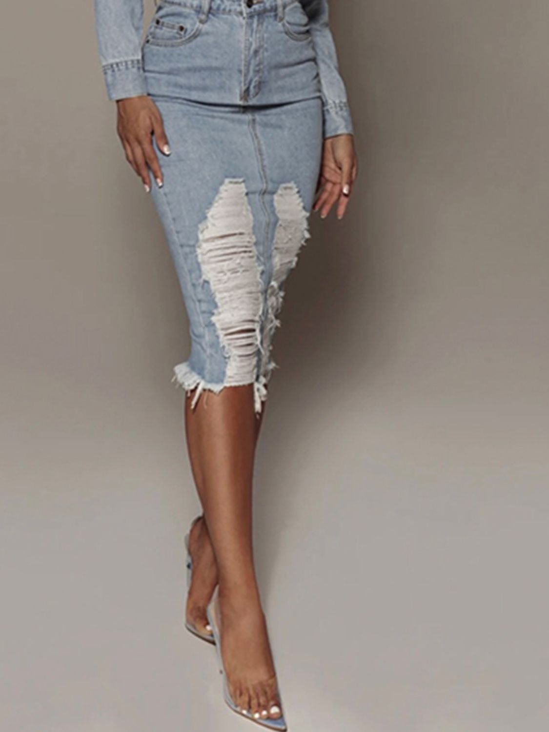 Distressed Slit Denim Skirt - The Boutie Shop