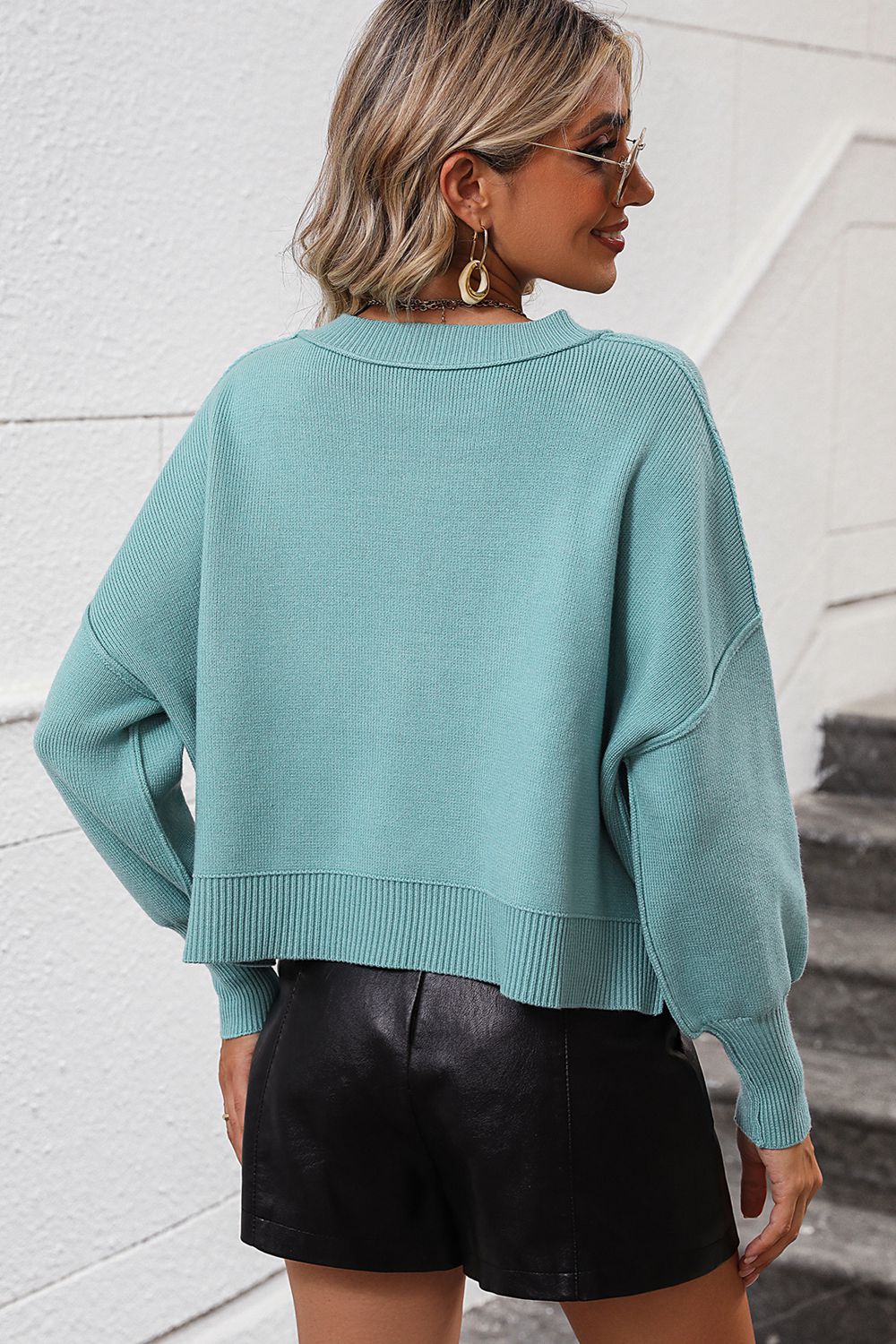 Round Neck Dropped Shoulder Pullover Sweater - The Boutie Shop