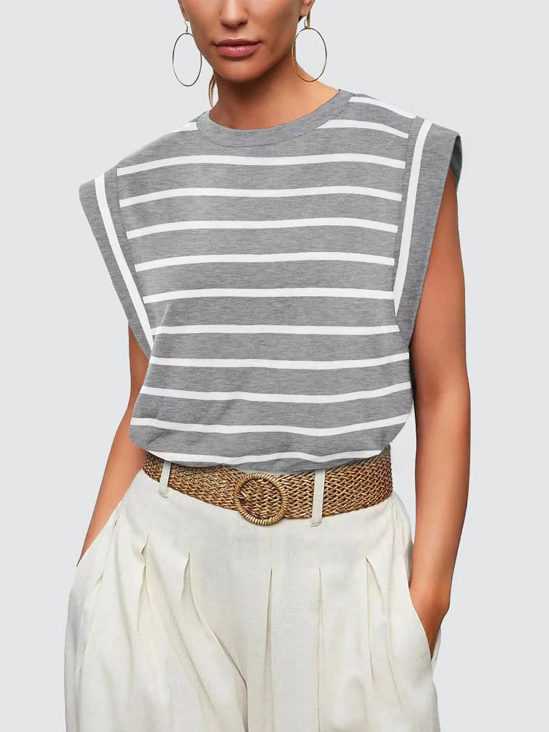 Striped Round Neck Cap Sleeve T-Shirt - The Boutie Shop