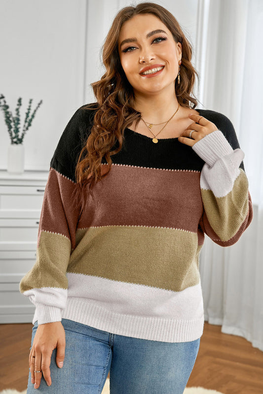 Plus Size Color Block Round Neck Sweater - The Boutie Shop