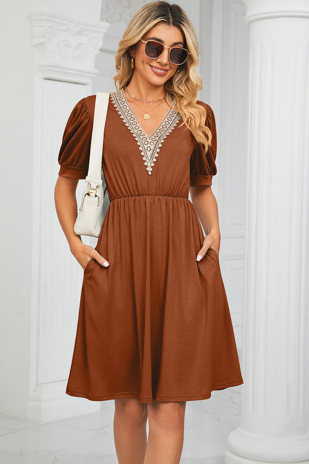 V-Neck Puff Sleeve Dress - The Boutie Shop