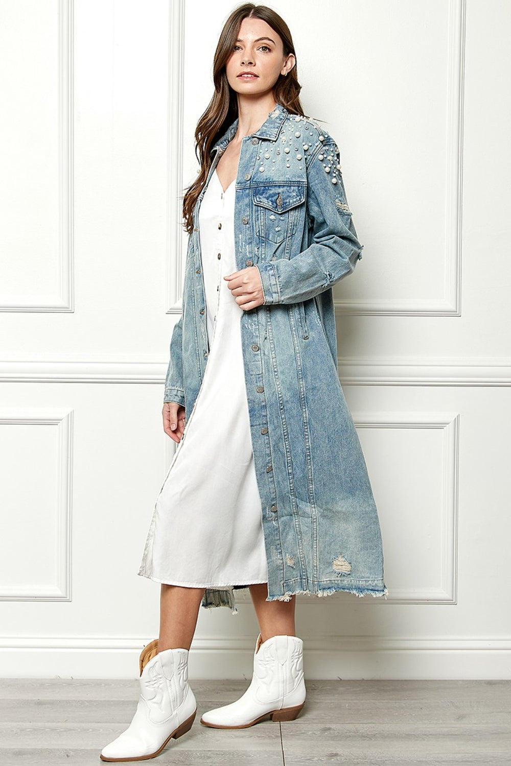 Veveret Full Size Distressed Raw Hem Pearl Detail Button Up Jacket - The Boutie Shop