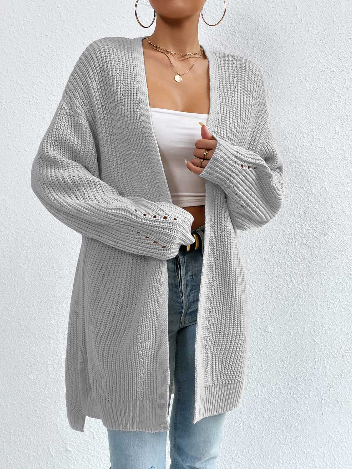 Open Front Dropped Shoulder Slit Cardigan - The Boutie Shop