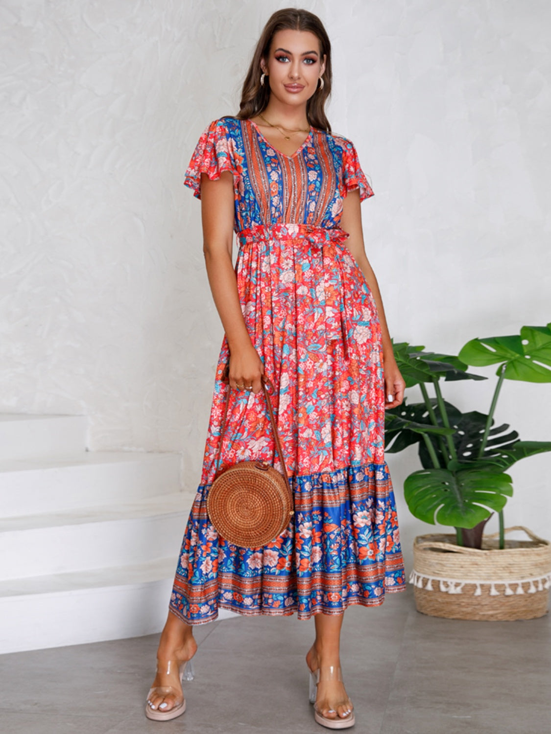 Tied Printed V-Neck Short Sleeve Dress - The Boutie Shop