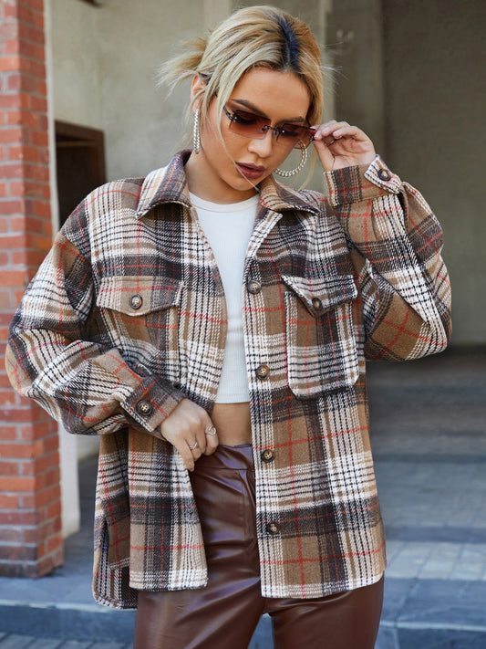 Plaid Collared Neck Button Down Jacket