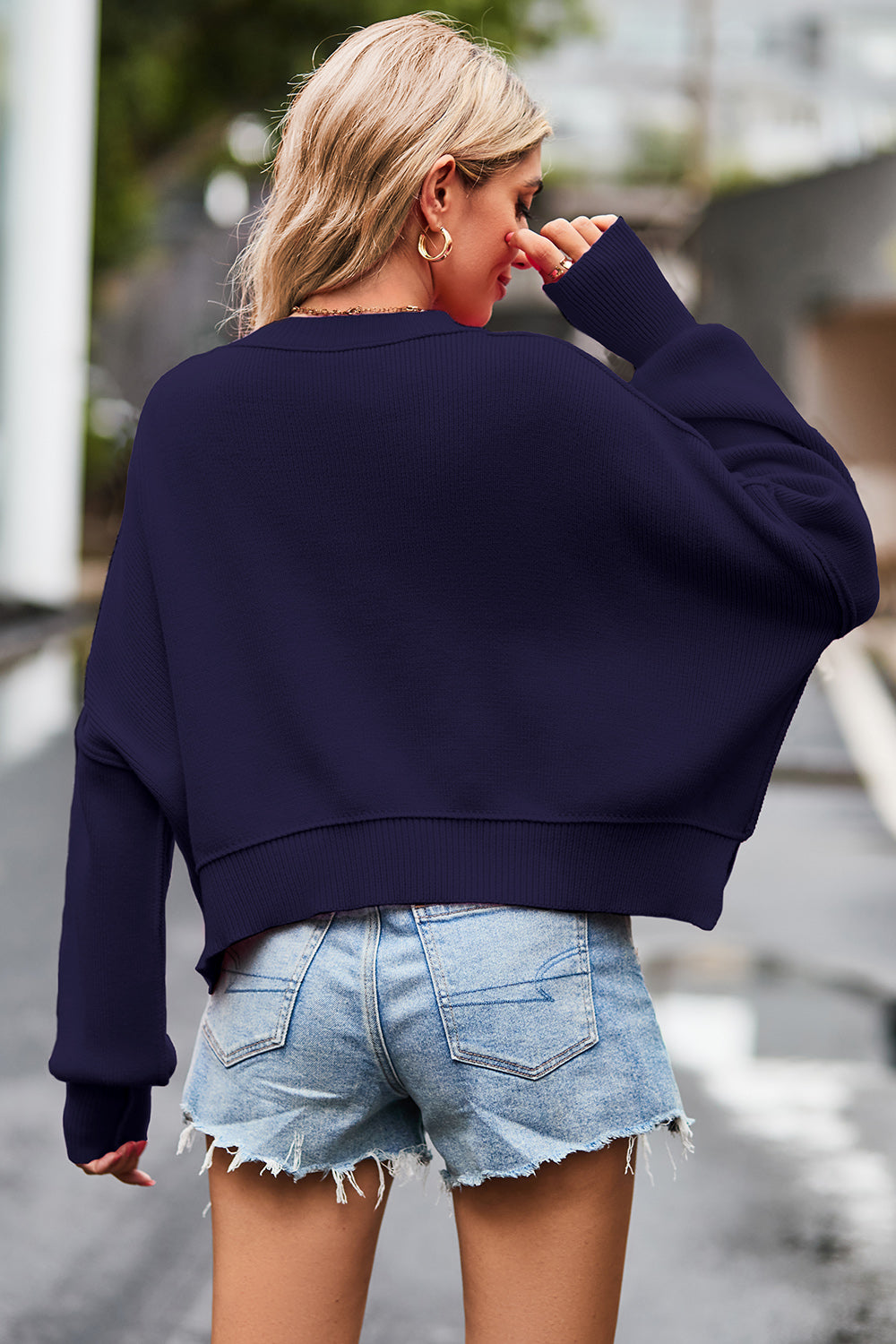 Round Neck Drop Shoulder Long Sleeve Sweater - The Boutie Shop