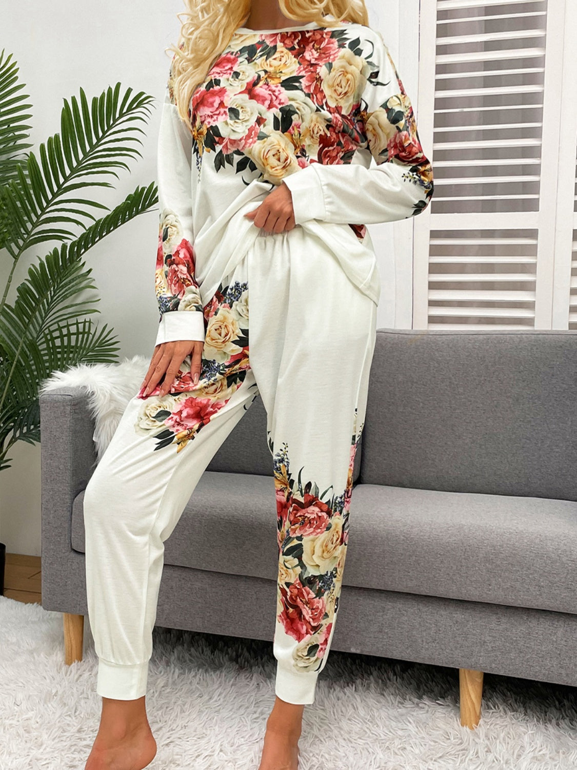 Shiny Printed Round Neck Top and Pants Lounge Set - The Boutie Shop