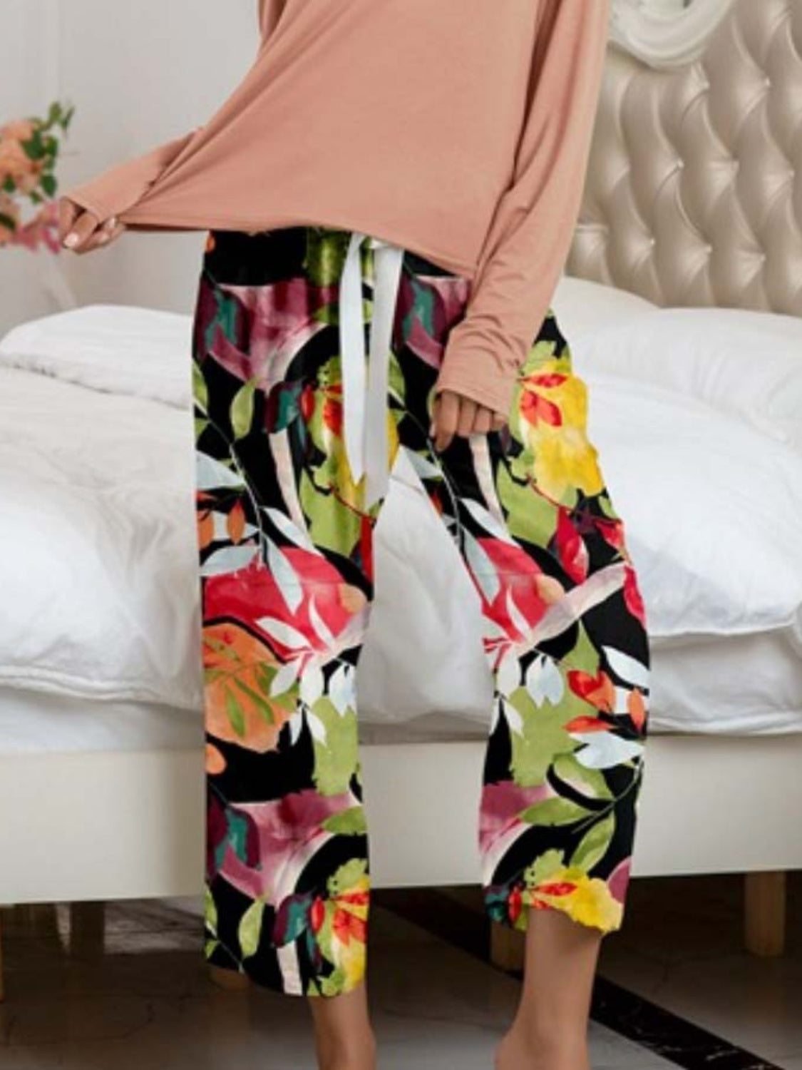 Round Neck Top and Printed Pants Lounge Set - The Boutie Shop