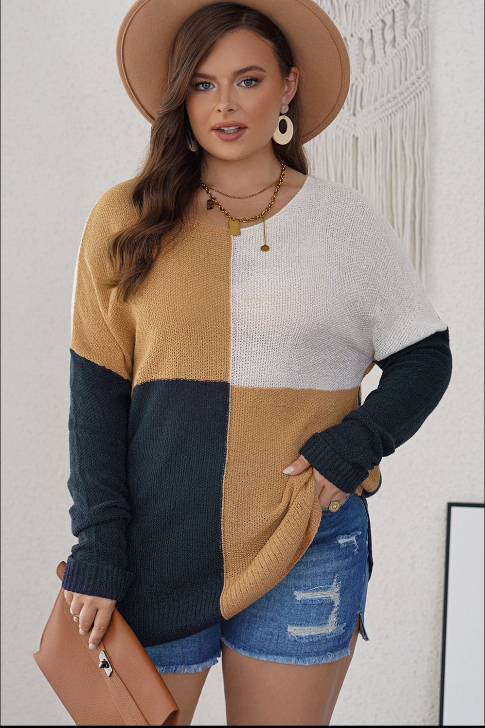 Plus Size Color Block Round Neck Sweater - The Boutie Shop