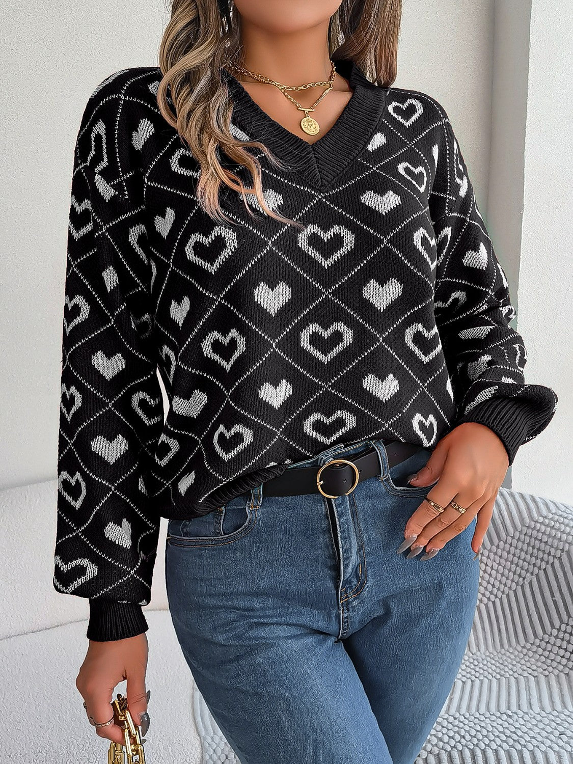 Heart Pattern V-Neck Long Sleeve Sweater - The Boutie Shop