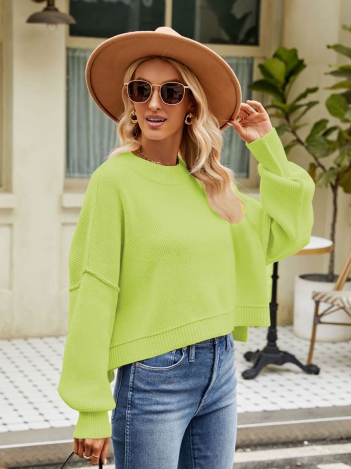 Round Neck Dropped Shoulder Sweater - The Boutie Shop