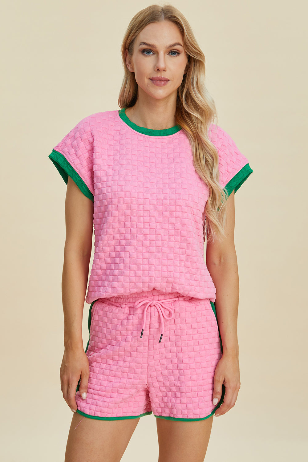 Double Take Full Size Texture Contrast T-Shirt and Shorts Set - The Boutie Shop