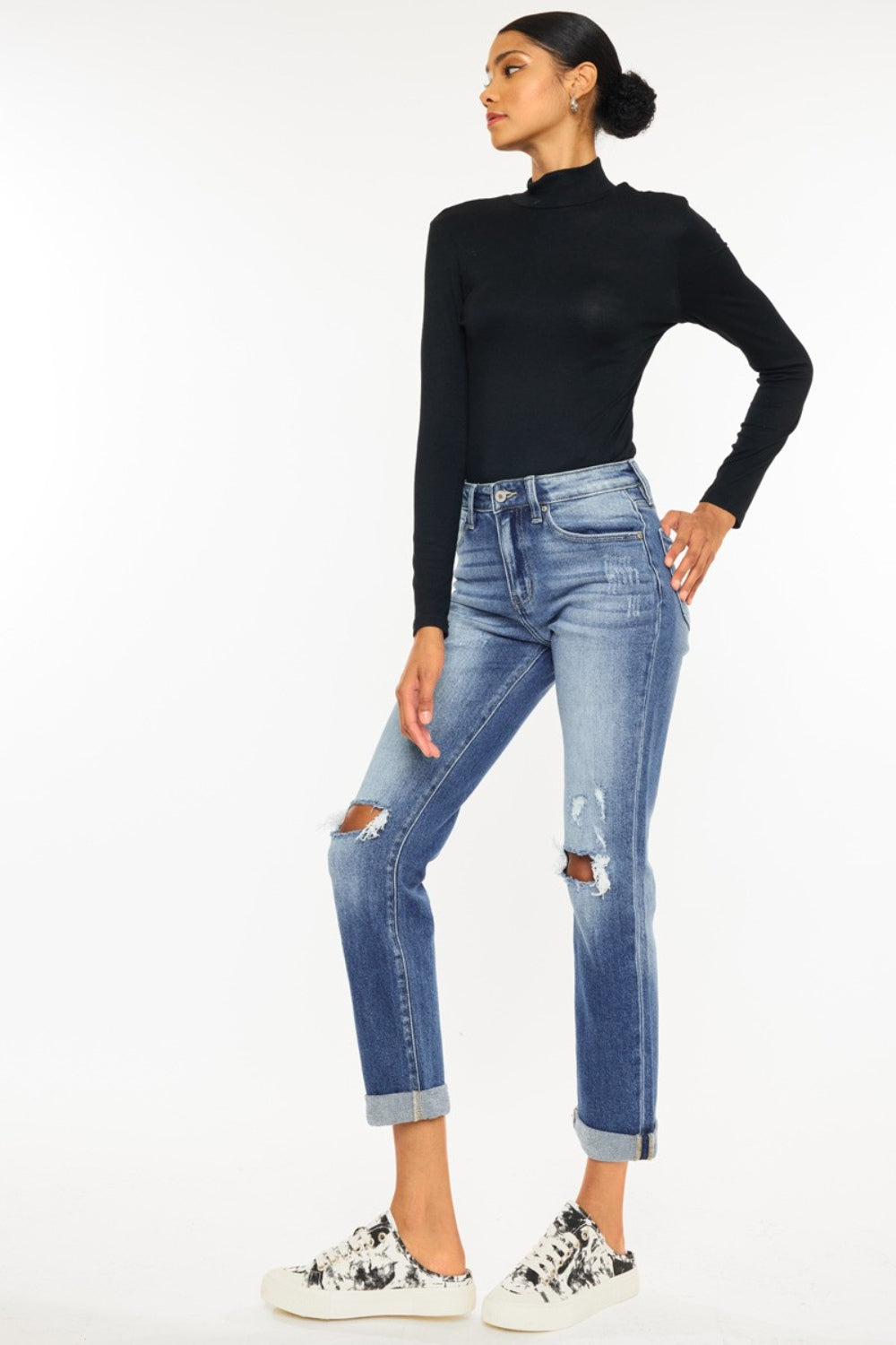 Kancan High Waist Distressed Hem Detail Cropped Straight Jeans - The Boutie Shop