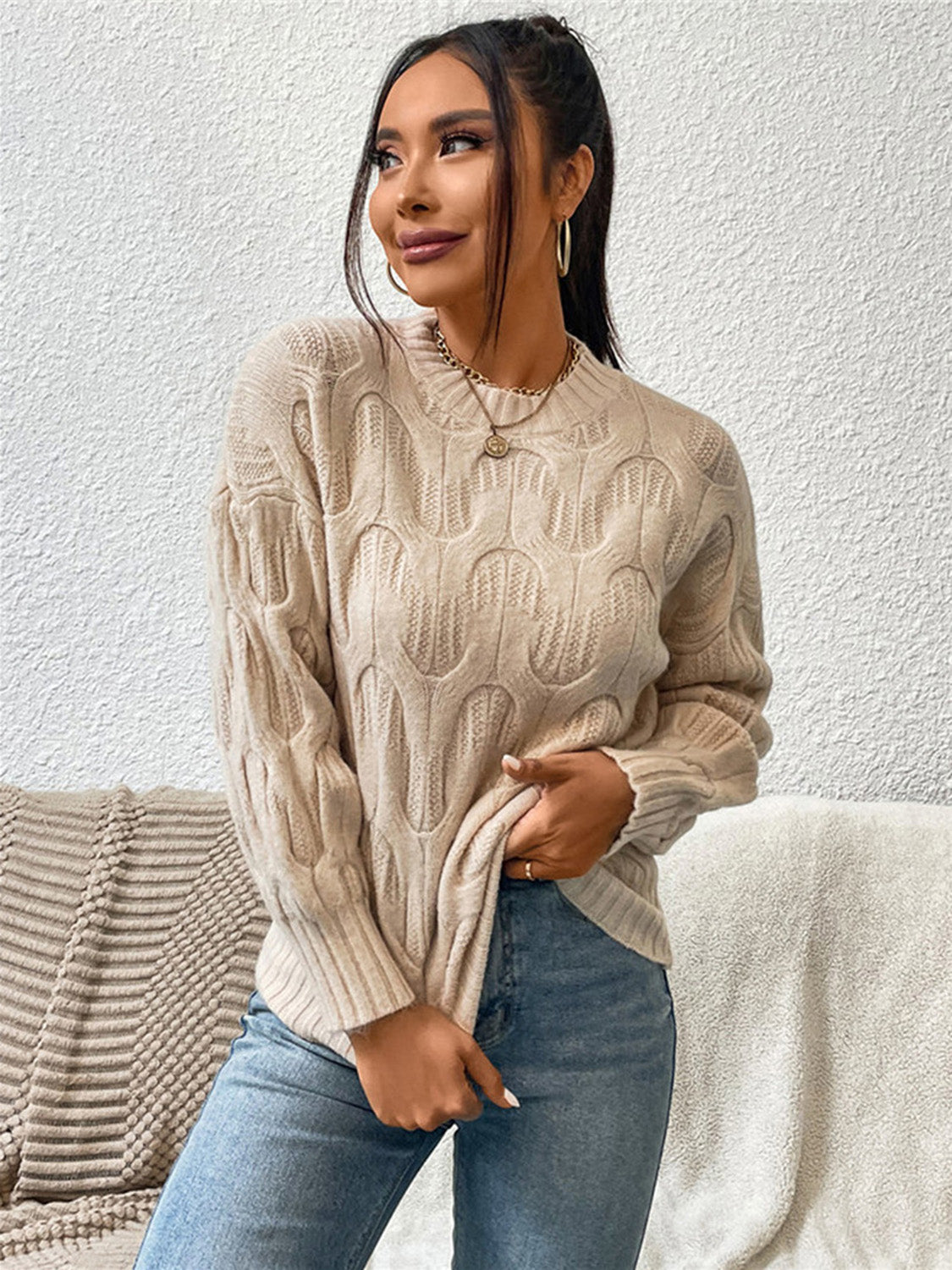 Round Neck Long Sleeve Sweater - The Boutie Shop